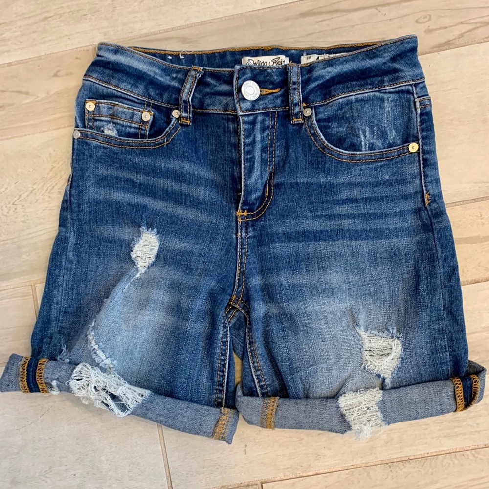Distressed High Rise Stretch Roll Cuff Jean Shorts